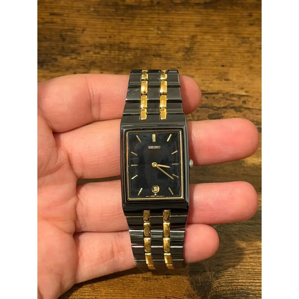 Seiko V330-4421 Black Gold Two-Tone Rectangular Quartz Watch